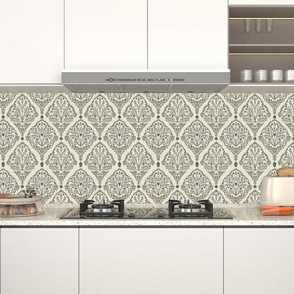 Vintage Khaki Leaf Symmetrical Wallpaper Peel and Stick 17.5" x 118" Simple Beige Floral Pattern Self Adhesive Cantact Paper, Waterproof Removable Vinyl Wall Covering for Bedroom Living Room Cabinet.