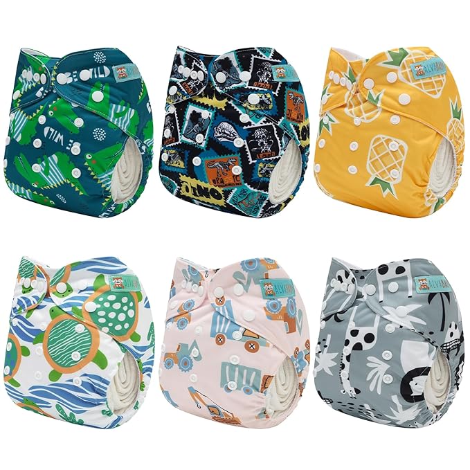 ALVABABY Baby Cloth Diaper 6 Pack with 12 Inserts One Size Cloth Diaper Covers Adjustable Washable Reusable for Baby Girls and Boys