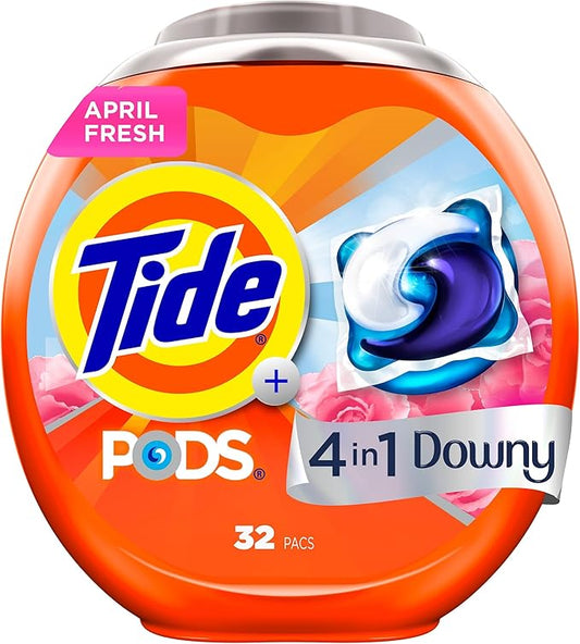 Tide PODS Laundry Detergent soap with a touch of Downy 4-in-1 Detergent, 32 Count, Stain Remover, Freshness, Softness, Fabric Protecter, HE Compaible