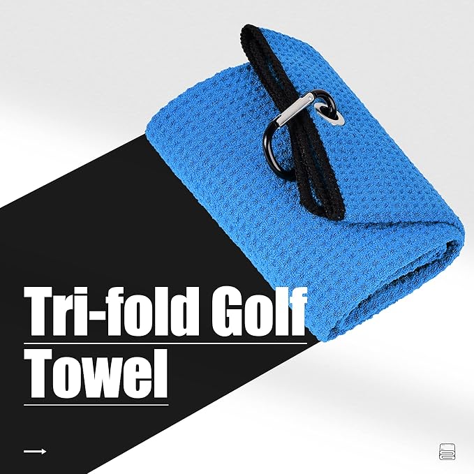 Mile High Life Tri-fold Golf Towel | 16" X 24" | Premium Microfiber Fabric | Waffle Pattern | with Heavy Duty Carabiner Clip | for Men and Women (2 Pack Blue)