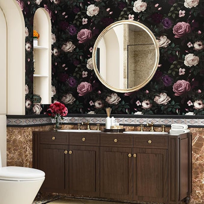 Fvlow Dark Floral Wallpaper Peel and Stick Vintage Pink Rose Contact Paper Black Floral Wallpaper Waterproof Self-Adhesive Wall Covering for Bedroom Countertop Desk Cabinet 17.4" x 118"