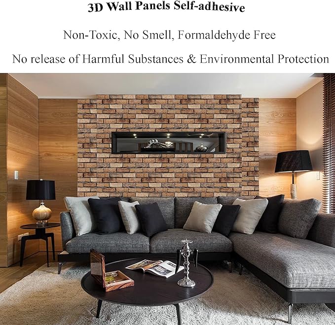 3D Wall Panels Peel and Stick - 10 Pack Brick Textured PVC Panels, Waterproof Self-Adhesive Wall Tiles for Accent Walls, Kitchen, Bathroom, Bedroom & Office Decor (Large Brown Brick)