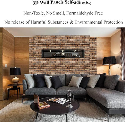 3D Wall Panels Peel and Stick - 10 Pack Brick Textured PVC Panels, Waterproof Self-Adhesive Wall Tiles for Accent Walls, Kitchen, Bathroom, Bedroom & Office Decor (Large Brown Brick)