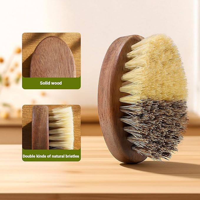 Fruit & Vegetable Cleaning Brush with Acacia Wooden Handle, Dual Bristle Produce Scrubber with Sisal and Palm Fibers, Oval Easy-Grip Design, Single Brush with Box,Brown