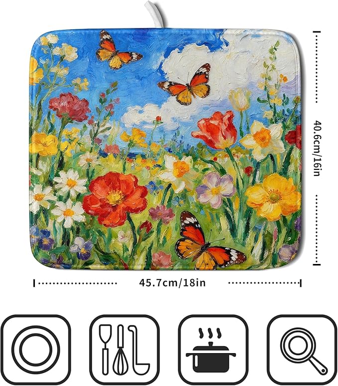 Floral Dish Drying Mat for Kitchen Counter 16x18 Spring Summer Theme Colorful Flower Butterfly Seasonal Absorbent Reversible Microfiber Drying Mats Kitchen Countertop Protector Dishes Drainer Pad
