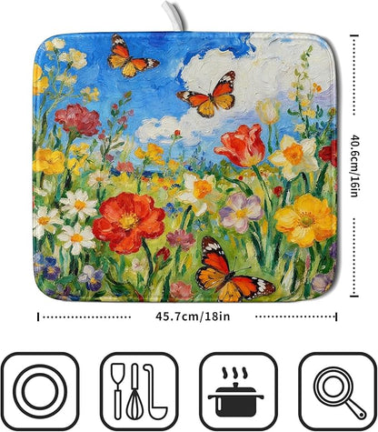 Floral Dish Drying Mat for Kitchen Counter 16x18 Spring Summer Theme Colorful Flower Butterfly Seasonal Absorbent Reversible Microfiber Drying Mats Kitchen Countertop Protector Dishes Drainer Pad