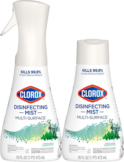Clorox Disinfecting Mist, Eucalyptus Peppermint, Household Essentials, 1 Spray and 1 Refill, 16 oz Each