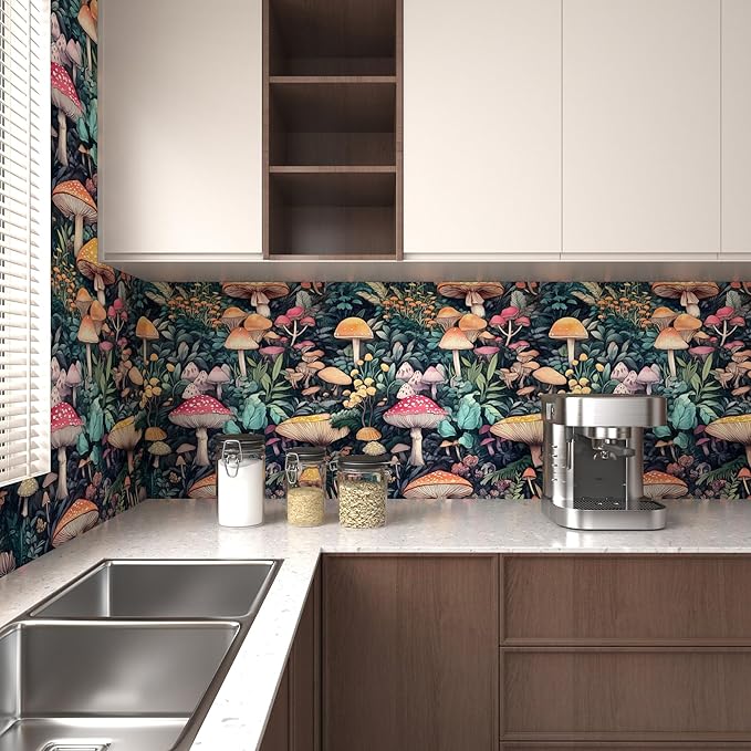 Extra Long Colorful Peel and Stick Wallpaper – Vintage Wonderland Mushroom Floral Self-Adhesive Contact Paper for Room Cabinet Drawer, Removable Vinyl Wallpaper Green Orange Red 17.5" x 393"