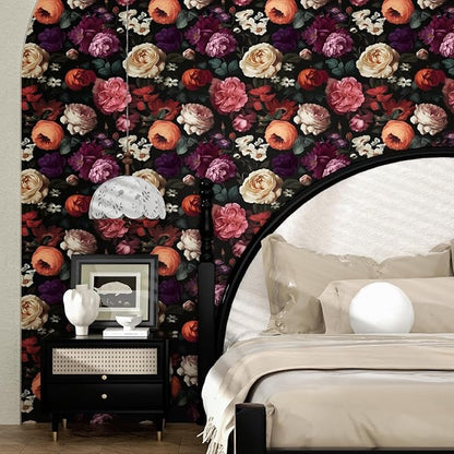 Fvlow Dark Floral Wallpaper Peel and Stick Vintage Colorful Flower Contact Paper 17.4" x 118" Black Floral Wallpaper Waterproof Self-Adhesive Wall Covering for Bedroom Countertop Desk Cabinet
