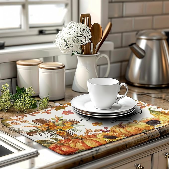 Fall Drying Mat for Kitchen Counter Autumn Thanksgiving Pumpkin Cross Dish Mat Sunflower Maple Leaf Absorbent Microfiber Dish Draining Mat Reusable Dishes Pad Extra Large 18"x24"
