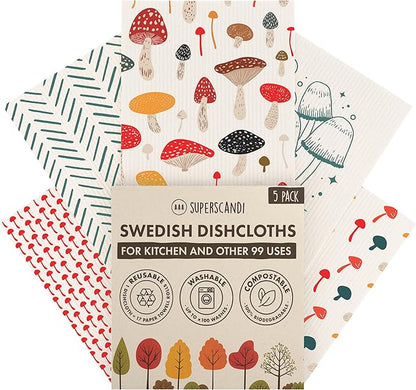 SUPERSCANDI 5 Pack Swedish Dishcloths for Kitchen - 100% Biodegradable & Compostable | Reusable Paper Towels Washable, Food-Safe & Without Plastic - Dish Rags Suitable for Any Surface | Mushroom