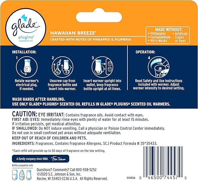 Glade PlugIns Refills Air Freshener, Scented and Essential Oils for Home and Bathroom, Hawaiian Breeze, 2.01 Fl Oz, 3 Count