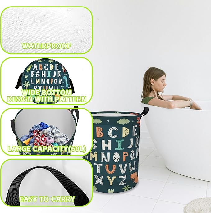 Laundry Basket Funny Alphabet with Cute Dinosaurs Laundry Basket Oxford Cloth Laundry Hamper Large Storage Baskets Toy Organizer Tote Bag For Bedroom Clothes Bathroom 17.3(H) x16.5(D) Inch
