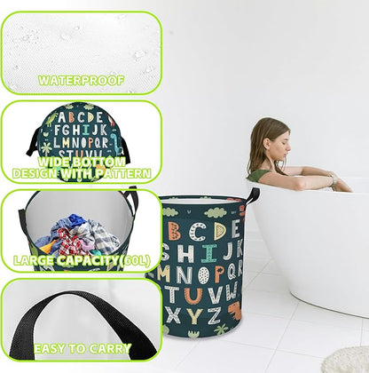 Laundry Basket Funny Alphabet with Cute Dinosaurs Laundry Basket Oxford Cloth Laundry Hamper Large Storage Baskets Toy Organizer Tote Bag For Bedroom Clothes Bathroom 17.3(H) x16.5(D) Inch