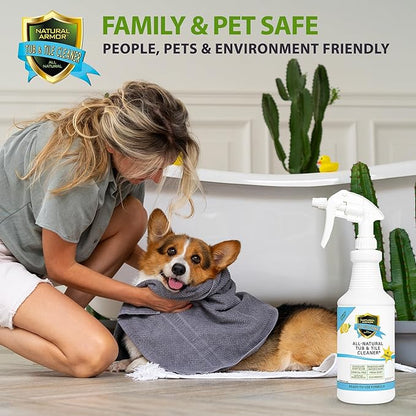 Natural Armor Tub & Tile Cleaner Spray - Daily No-Rinse Bathroom Cleaner w/Peppermint Scent for Shower Glass, Tile, Grout & Tubs - Plant-Based Formula Safe for People & Pets (32 fl oz Quart)