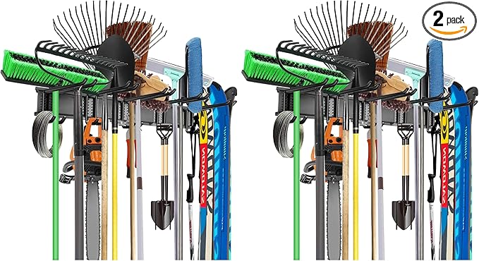 WALMANN Wall Mount Tool Organizer, Mop and Broom Holder, Garage Tools Storage Rack, Heavy Duty Garden Tool Storage Rack, Holds Up to 300 lbs (Pack of 2)