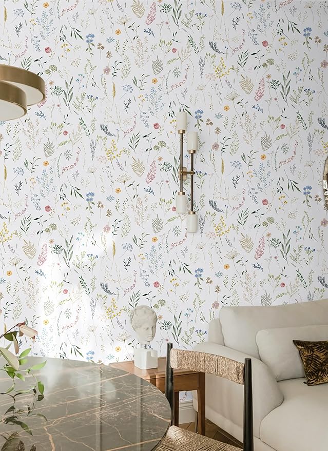 Dimoon 78.7"x16.1" Floral Peel and Stick Wallpaper White Contact Paper Thicken Wallpaper Delicate Flower Waterproof Green Leaf White Self Adhesive Removable Wall Paper Shelf Liner Decal Vinyl Roll