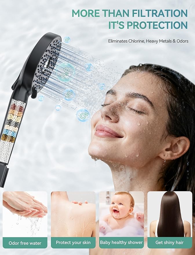 Magichome Filtered Shower Head with Handheld, High Pressure 10-Spd Detachable Chrome Showerhead with Stainless Hose, Water Softener Filter Beads for Hard Water - Remove Chlorine, Black