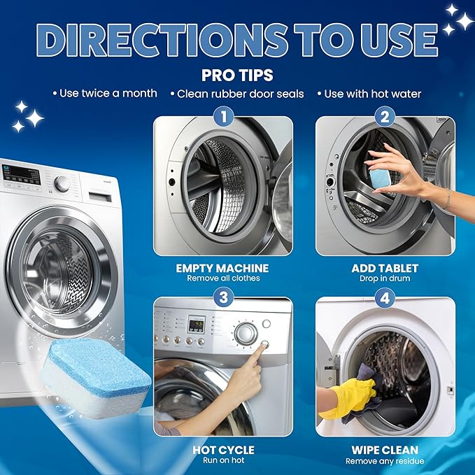 Washing Machine Cleaner Descaler Tablets 12 Pack (1 Year Supply) - Deep Cleaner for HE Front Load & Top Load Washers | Washing Machine Cleaning Tablets