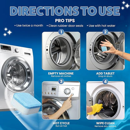 Washing Machine Cleaner Descaler Tablets 12 Pack (1 Year Supply) - Deep Cleaner for HE Front Load & Top Load Washers | Washing Machine Cleaning Tablets