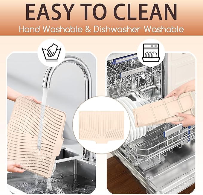 Large Premium Silicone Dish Drying Mat for Kitchen Counter - 18.5"x13" Non-Slip, Heat-Resistant (450°F) with Fast Drain & Hanging Hole, Multi-Use Kitchen Sink Drying Mat (Beige)