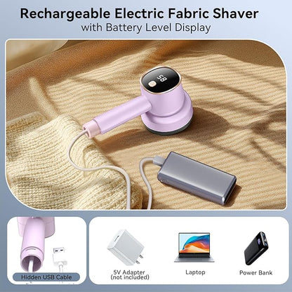 Rechargeable Fabric Shaver for Clothes: 6-Leaf Blades & 3 Speeds to Remove Pilling, Fuzz & Lint Balls - with LED Display, Portable Electric Lint Remover for Sweater, Couch, Blanket, Furniture