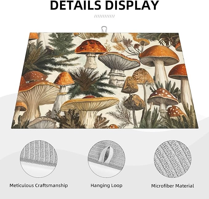 Mushroom Forest Dish Drying Mats for Kitchen Counter, Absorbent Reversible Microfiber Dish Drying Pad, Multi-Use Large Drying Mat Coffee Bar Accessories 18"x24"