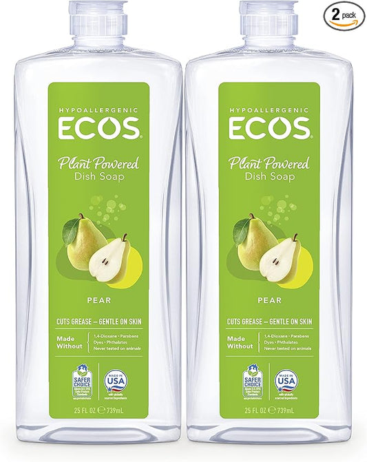 ECOS Dish Soap - Cuts Grease & Food Residue - No Harsh Chemicals - Hypoallergenic for Sensitive Skin - Biodegradable Formula, Recyclable Sustainable Liquid Dishwashing Soap - Natural Pear (Pack of 2)