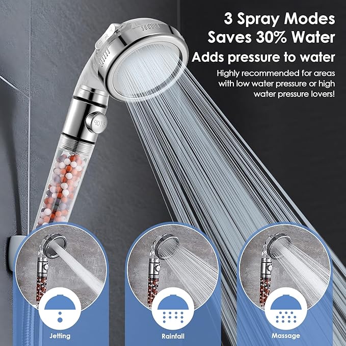 High Pressure Handheld Shower Head with Filter, Hard Water Softener Water Purifying Filtered Showerheads with Filter Beads, Shower Head Kits (No Hose and Bracket)
