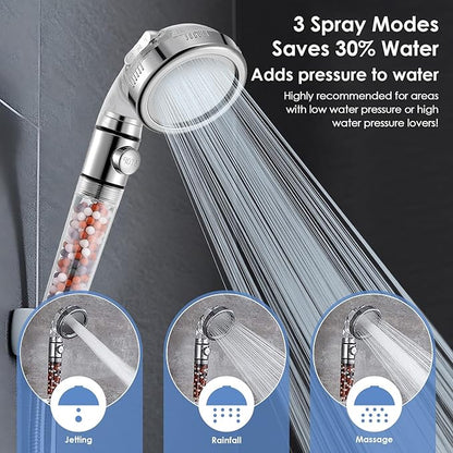 High Pressure Handheld Shower Head with Filter, Shower Head Kits with Hose and Bracket, Hard Water Softener Water Purifying Filtered Showerheads with Filter Beads