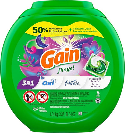 Gain Laundry Detergent Pacs, Moonlight Breeze | HE Compatible | Long Lasting Scent | 76 Count | Pack of 2
