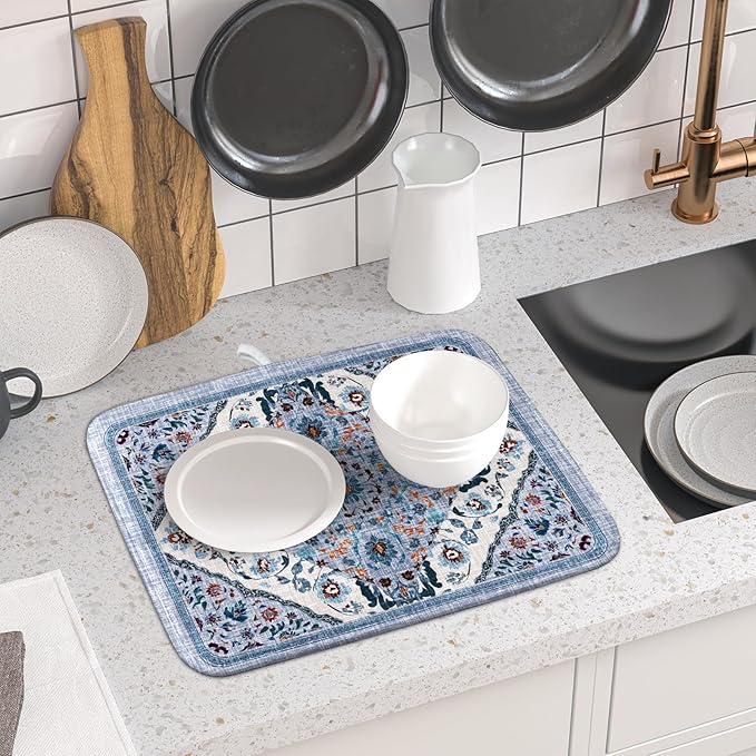 Boho Flower Dish Drying Mat Blue Bohemian Dishes Drainer Rack Mat 16x18 Inch Microfiber Kitchen Drying Pad for Countertop Tableware Decor