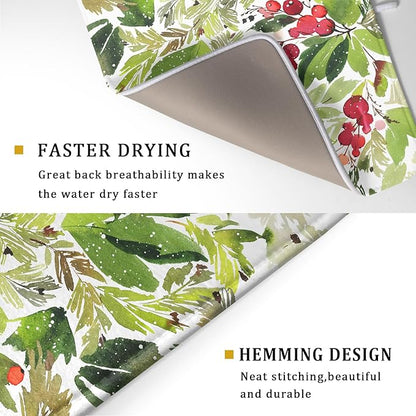 Watercolor Christmas Dish Drying Mat 18 x 24 Inch With Absorbent Reversible Microfiber Green Leaves Red Berry Xmas Drying Mats Winter Holiday Dish Drainer Mat Fast Dry For Kitchen Dining Room