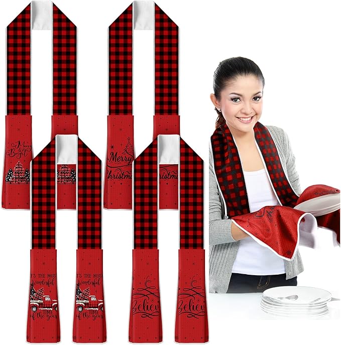 4 Pack Christmas Kitchen Towel Boa Scarf Dish Buffalo Plaid Decor 4 x 68 Inch for Holiday Cooking Baking Accessories
