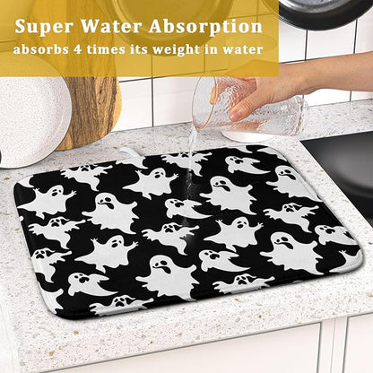Halloween Bat Ghosts Dish Drying Mat for Kitchen Counter,Halloween Spooky Ghost Black and White Drying Mat 16 x 18 Inch Microfiber Dish Drying Pad Dish Rack Pad Drainer Mat for Coffee Bar
