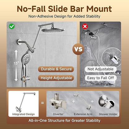 BRIGHT SHOWERS Rain Shower Head with Handheld Spray, High Pressure Dual Shower Head, Adjustable Extension Arm & Slide Bar, 9 Spray Modes Built-in Power Wash, 3-Way Diverter, 69" Hose, Brushed Nickel