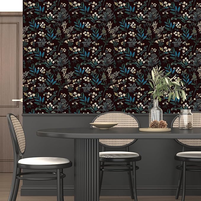 Laatse Vintage Green Wallpaper Peel and Stick Dark Floral Wallpaper 17.5'' x 393'' Green Leaf Contact Paper Vinyl Waterproof Self Adhesive Boho Botanical Wall Paper for Bedroom Cabinet Décor
