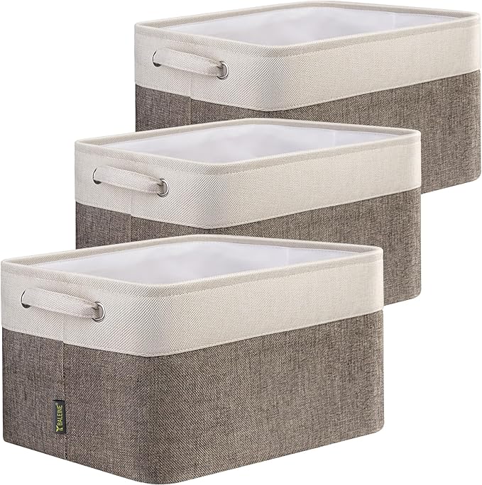 BALEINE 3 Pack Fabric Closet Storage Bins for Shelves, Linen Closet Organizers and Storage, Decorative Baskets for Organizing, Shelf, Clothes, Home, Office (Brown, 15"x11"x9.5")