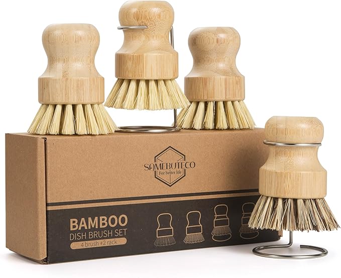 6-Piece Bamboo Dish Brush Set with Fast-Dry Stainless Steel Holder,3xNatural Sisal Bristle Brush & 1xPalm Bristle Kitchen Cleaning Brushes for Dishes, Pots, Pans & Sink