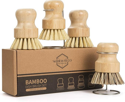 6-Piece Bamboo Dish Brush Set with Fast-Dry Stainless Steel Holder,3xNatural Sisal Bristle Brush & 1xPalm Bristle Kitchen Cleaning Brushes for Dishes, Pots, Pans & Sink