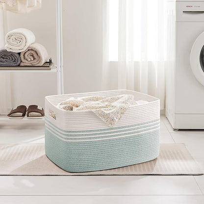 60L Laundry Basket for Living Room Storage, Woven Rope Baskets Bin for Blanket, Kids Toy, Gifts, Wicker Hamper for Bedroom Dirty Clothes, White Green