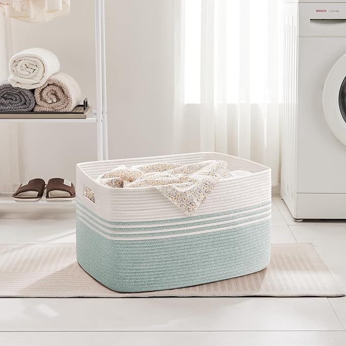 86L Large Laundry Basket for Living Room Storage,Woven Rope Baskets for Blanket,Kids Toy,Gifts,Wicker Hamper for Bedroom Dirty Clothes,24"x16"x14" White Green