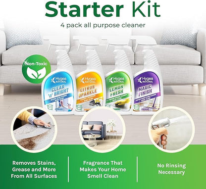 Hygea Natural Cleaning Supplies Kit All Purpose Cleaners, Citrus Degreaser, Floor and Tile Cleaner, Window, Glass and Mirror Cleaner- No Harsh Chemicals, Family safe - 4 Pack 24 oz Sprays