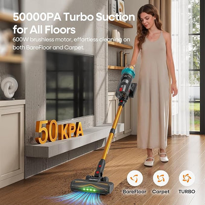 ElecKeys Cordless Vacuum Cleaner, 600W 50KPA 70Mins Vacuum Cleaners for Home, Self-Standing Stick Vacuum with Touch Screen, Anti-Tangle, Lightweight Wireless Vacuum for Hard Floor/Carpet/Pet Hair/Car
