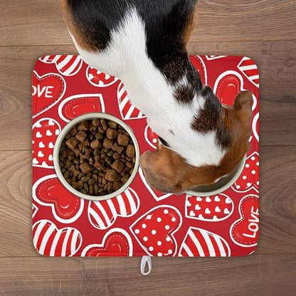 Valentines Day Dish Drying Mat for Kitchen Counter Red Polka Dot Stripe Love Heart Pattern Drying Mat 16x18 Inch Valentines Holiday Absorbent Dish Drainer Mat Kitchen Accessories