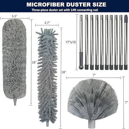 20+ Feet High Reach Duster Kit with 3-14 ft Extension Pole for Cleaning Fan, Spider Web, High Ceiling, Blinds, Furniture, Cars - Cobweb Microfiber Duster // Outdoor & Indoor Extendable Duster
