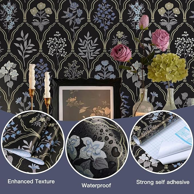 Dimoon 78.7"x17.3" Peel and Stick Wallpaper Contact Paper Floral Vintage Black Wallpaper Modern Removable Wall Paper Self Adhesive Boho Contactpaper for Cabinets Drawers Blue Bedroom Thicken Vinyl