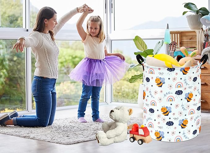 MAIZMZ Rainbow Bee Print Canvas Laundry Basket,Waterproof Storage Bin with Handles 15.7" D×19.7" H Foldable Toy Organizer Decor Gift Basket for Kids' Bedroom & Home Organization
