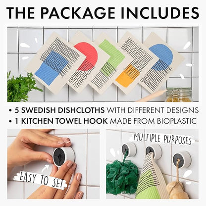 SUPERSCANDI 5 Pack Swedish Dishcloths for Kitchen - 100% Biodegradable & Compostable | Reusable Paper Towels Washable, Food-Safe & Without Plastic - Dish Rags Suitable for Any Surface | Abstract Print