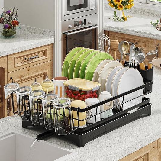 Ekisemio Dish Drying Rack for Kitchen Counter - Large Capacity Dish Drainer with Cutlery Holder & Drip Tray, Space Saving Kitchen Organizer (12x15.7), Black